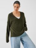 HUSH Carinda Wool Blend V Neck Knitted Jumper, Dark Olive Green