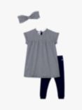 Petit Bateau Baby Rib Pinstripe Dress, Leggings & Headband 3 Piece Set, Navy