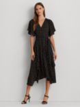 Lauren Ralph Lauren Geometric Print Crepe Flutter Sleeve Midi Dress, Black/Tan