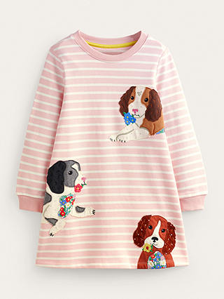 Mini Boden Kids' Stripe Dog Print Cosy Dress, Pink/Ivory