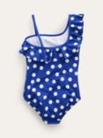 Mini Boden Kids'  One Shoulder Frill Spot Print Swimsuit, Navy/Ivory