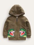Mini Boden Kids' Shaggy Lined Applique Dinosaur Hoodie, Khaki/Multi
