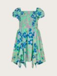 Monsoon Kids' Retro Floral Print Shirred Hanky Hem Dress, Green