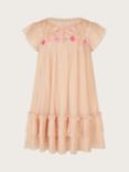 Monsoon Kids' Floral Embroidered Ruffle Mesh Tiered Dress, Pink