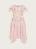 Monsoon Kids' Cora Floral Embroidered Ruffle Occasion Dress, Pink