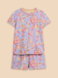 White Stuff Kids' Floral Animal Shorts Pyjamas Set, Blue/Multi