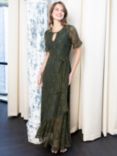 HotSquash Keyhole Asymmetric Hem Lace Maxi Dress, Khaki/Teal