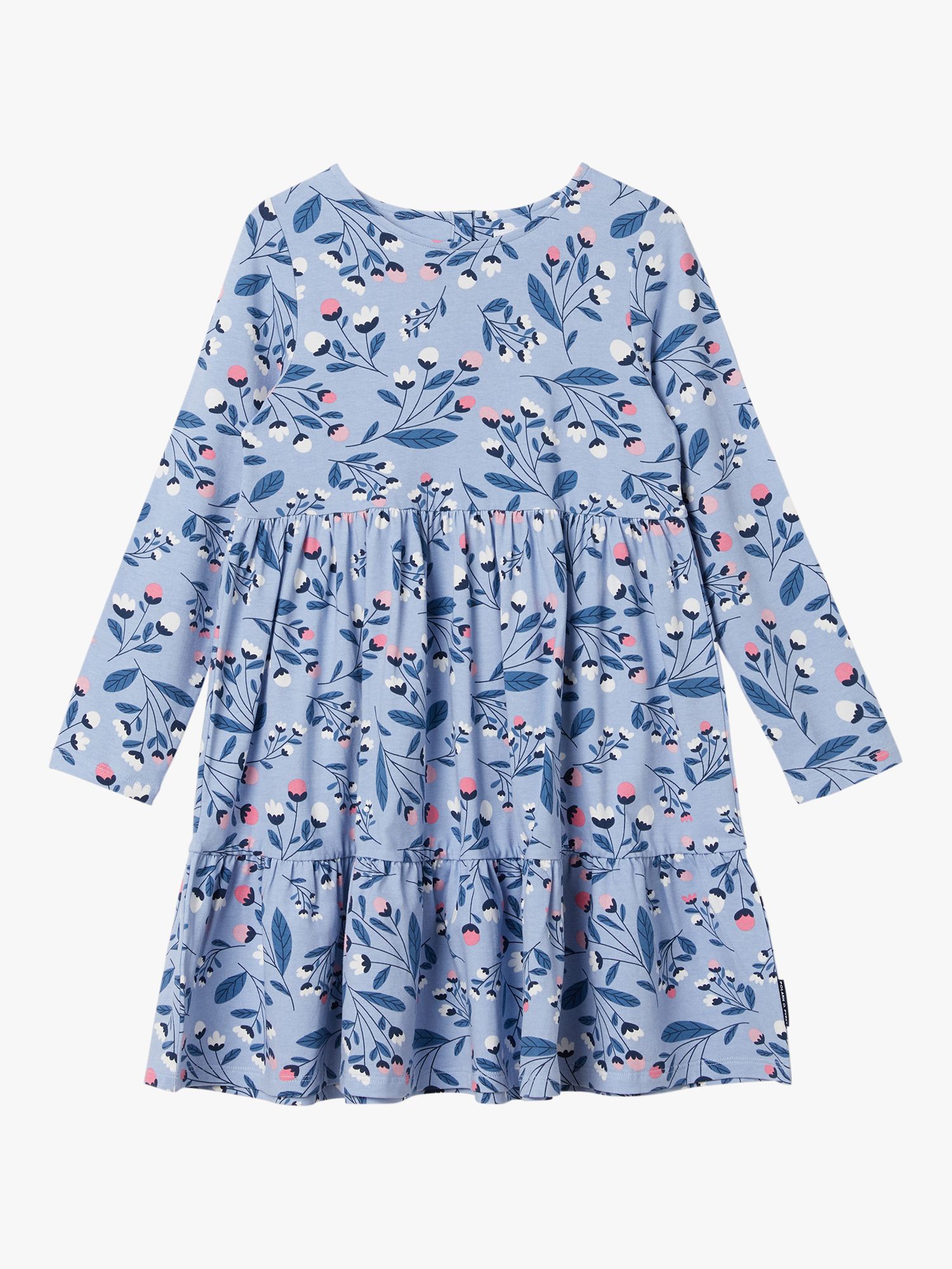 Polarn O. Pyret Kids' Organic Cotton Floral Print Tiered Dress, Blue, 8-9 years