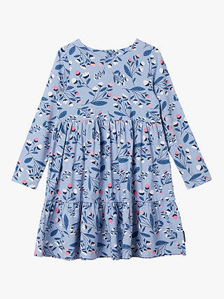 Polarn O. Pyret Kids' Organic Cotton Floral Print Tiered Dress, Blue