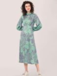 Closet London Floral Print Roll Neck Puff Sleeve Midi Dress, Green/Multi
