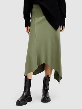 AllSaints Gia Asymmetric Ribbed Midi Skirt, Grass Green