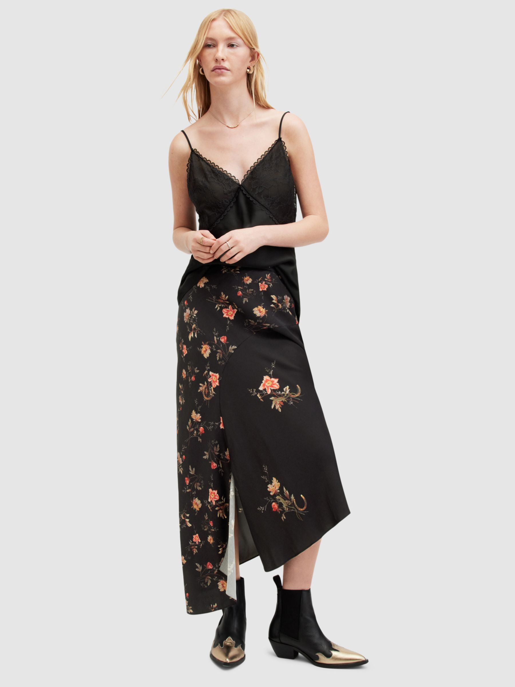 AllSaints Luisa Tanana Floral Print Skirt, Black, 10