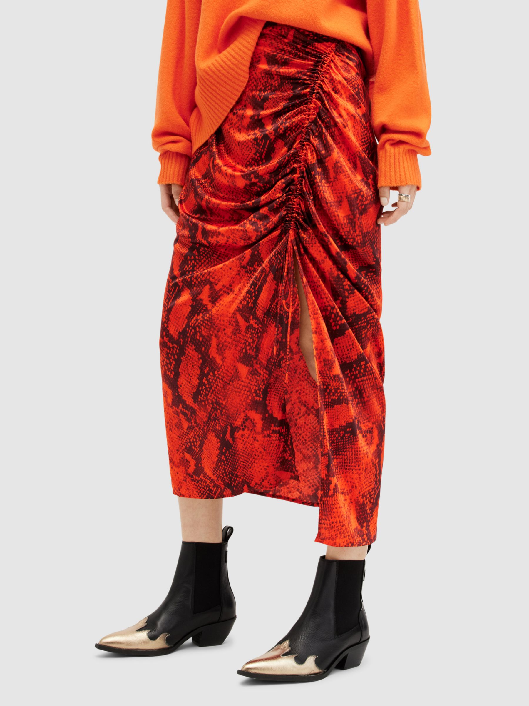 AllSaints Carla Tahoe Ruched Midi Skirt, Zesty Orange, 6