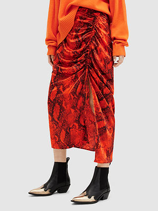 AllSaints Carla Tahoe Ruched Midi Skirt, Zesty Orange