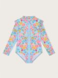 Monsoon Kids' Foil Floral Frill UPF50 Long Sleeve Swimsuit, Blue