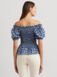 Lauren Ralph Lauren Bierbrin Floral Print Smocked Bardot Blouse, Blue/Multi