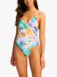 Seafolly Wish Seaside Print V-Neck Swimsuit, Blue/Multi