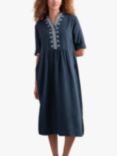 Celtic & Co. Embroidered Collar Linen Midi Dress, Dark Navy