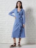 Great Plains Textured Cotton Blend Ruffle Wrap Maxi Dress, Lake Blue