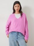 HUSH Carinda V Neck Reverse Seam Wool Blend Jumper, Bright Pink