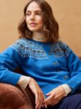 Brora Merino Lambswool Fair Isle Yoke Cardigan, Cornish Blue/Multi