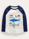 Mini Boden Kids' Sharks Fact File Raglan Sleeve T-Shirt, Ivory/Navy