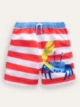 Mini Boden Kids' Crab Stripe Swim Shorts, Red/White