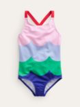 Mini Boden Kids' Cross-Back Wave Stripe Print Swimsuit, Multi