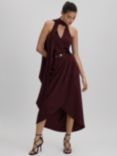 Reiss Tayla Satin Wrap Halterneck Midi Dress, Burgundy, Burgundy