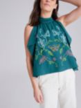 Cape Cove Embroidered Drape Linen Blend Halter Top, Dark Sea