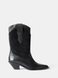 Mint Velvet Leather and Suede Stitching Detail Cowboy Boots, Black