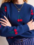 Boden Embroidered Cherries Wool Blend Jumper, Navy