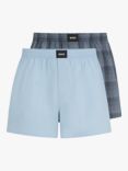 BOSS Plain and Check Cotton Boxer Shorts, Pack of 2, Dark Blue/Light Blue