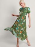 Monsoon Zafia Floral Midi Tiered Dress, Green/Multi