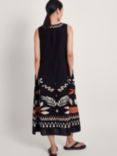 Monsoon Carlotta Embroidered Linen Blend Midi Dress, Black/Multi