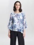 Gina Bacconi Frill Floral Layered Hem Blouse, Ivory/Blue