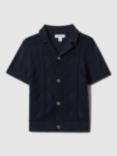 Reiss Kids' Fortune Cable Knit Cuban Collar Shirt, Navy