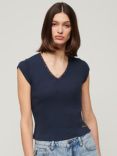 Superdry Cotton Essential Lace Trim V-Neck T-Shirt, Richest Navy