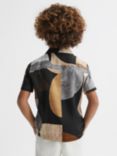 Reiss Kids' Levy Cuban Collar Abstract Stripe Shirt, Tobacco/Navy