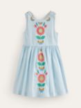 Mini Boden Kids' Floral & Butterfly Embroidered Stripe Cross Back Dress, Blue/Ivory
