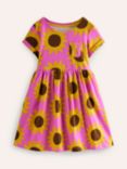 Mini Boden Kids' Fun Sunflower Print Short Sleeve Jersey Dress, Pink/Multi