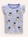 Mini Boden Kids' Bee Applique Flutter Stripe Short Sleeve T-Shirt, Blue/Vanilla Pod