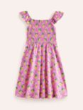 Mini Boden Kids' Lemon Print Shirred Jersey Dress, Pink Grove