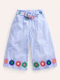 Mini Boden Kids' Floral Embroidered Stripe Wide Leg Trousers, Vintage Blue
