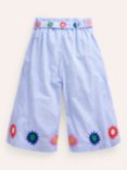 Mini Boden Kids' Floral Embroidered Stripe Wide Leg Trousers, Vintage Blue