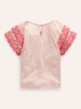 Mini Boden Kids' Broderie Sleeve Mix T-Shirt, Pink/Coral, Pink/Coral