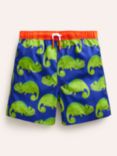 Mini Boden Kids' Chameleon Print Drawstring Swim Shorts, Blue Heron