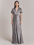 Ghost Delphine Empire Line Satin Maxi Dress, Silver