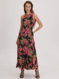 FLORERE Piping Trim Floral Print Maxi Dress, Black/Multi