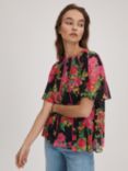 FLORERE Piping Trim Floral Print Blouse, Black/Multi